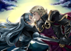 Rule 34 | 1boy, 1girl, arm around waist, black gloves, black hairband, blonde hair, cape, cloud, corrin (female) (fire emblem), corrin (fire emblem), couple, diadem, eye contact, fire emblem, fire emblem fates, gloves, hairband, hetero, holding hands, imminent kiss, long hair, looking at another, nintendo, pointy ears, red cape, red eyes, shinmanawa, silver hair, very long hair, xander (fire emblem), yellow eyes