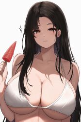 Rule 34 | 1girl, absurdres, bare shoulders, bikini, black hair, breasts, brown eyes, cleavage, closed mouth, commentary, copyright request, dasi (kwts3227), expressionless, food, highres, holding, holding food, holding popsicle, huge breasts, long hair, looking at viewer, popsicle, solo, string bikini, swimsuit, underboob, upper body, very long hair, white bikini