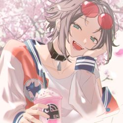 Rule 34 | 1boy, animal collar, aqua eyes, black collar, blurry, blurry background, brown hair, cherry blossoms, collar, collarbone, commentary, cup, disposable cup, drinking straw, ear piercing, elbow rest, eyewear on head, fangs, half-closed eyes, head on hand, head rest, highres, holding, holding cup, jacket, logo, long sleeves, looking at viewer, male focus, multicolored clothes, multicolored jacket, mysta rias, nijisanji, nijisanji en, off shoulder, open mouth, orange jacket, outdoors, piercing, red-tinted eyewear, shirt, short hair, smile, solo, sunglasses, symbol-only commentary, ting (machi nakahara), tinted eyewear, tree, two-tone jacket, upper body, virtual youtuber, white background, white jacket, white shirt