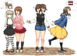Rule 34 | + +, 10s, 4girls, :d, ^^^, arrow (projectile), black footwear, black jacket, black legwear, black ribbon, black skirt, blue footwear, blue jacket, blue skirt, boko (girls und panzer), brown eyes, brown footwear, brown hair, cardigan, casual, closed eyes, closed mouth, collared shirt, commentary, cross-laced footwear, denim, denim jacket, denim skirt, food stand, frilled skirt, frills, from side, girls und panzer, hair ribbon, high-waist skirt, hikyakuashibi, jacket, layered skirt, letterman jacket, light brown hair, long hair, long sleeves, looking at viewer, looking back, mary janes, medium skirt, mika (girls und panzer), miniskirt, multiple girls, nishizumi maho, nishizumi miho, open clothes, open jacket, open mouth, outdoors, pink sweater, red skirt, ribbed shirt, ribbon, shimada arisu, shirt, shoes, shop, short hair, side ponytail, skindentation, skirt, smell, smelling, smile, sneakers, socks, sparkle, speech bubble, squiggle, standing, striped clothes, striped thighhighs, stuffed animal, stuffed toy, suspender skirt, suspenders, sweatdrop, sweater, teddy bear, thighhighs, thought bubble, turtleneck, walking, white background, white shirt, white sweater, yellow skirt