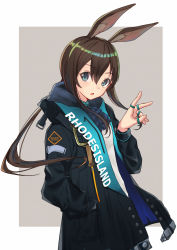 Rule 34 | 1girl, amiya (arknights), animal ear fluff, animal ears, arknights, ascot, black jacket, blue ascot, blue eyes, brown hair, commentary request, female focus, grey background, hair between eyes, hand in pocket, highres, hood, hood down, hooded jacket, itachi kanade, jacket, jewelry, long hair, long sleeves, looking at viewer, open clothes, open jacket, open mouth, ponytail, rabbit ears, ring, shirt, sidelocks, solo, thumb ring, two-tone background, very long hair, white background, white shirt