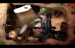Rule 34 | 1girl, anti-materiel rifle, barrett m82, can, cooking, eating, female focus, fire, grass, gun, hair bobbles, hair ornament, hat, kawashiro nitori, key, letterboxed, rifle, short twintails, sitting, sniper rifle, solo, spoon, tomon (slash0410), touhou, twintails, two side up, weapon