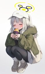 Rule 34 | 1girl, = =, absurdres, black pantyhose, blue archive, blush, closed eyes, closed mouth, commentary, eating, food, full body, fuyoyo, gradient background, green jacket, grey footwear, grey hair, grey shorts, halo, hare (blue archive), hare (camp) (blue archive), hat, highres, holding, holding food, hood, hood down, hooded jacket, jacket, long hair, long sleeves, official alternate costume, open clothes, open jacket, pantyhose, ponytail, shoes, shorts, simple background, solo, squatting, sweet potato, symbol-only commentary, white hat