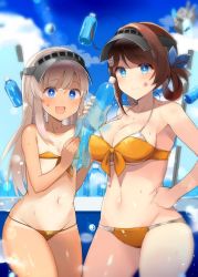 Rule 34 | 2girls, ahoge, bikini, blue eyes, blue ribbon, blue sky, blush, bottle, breasts, brown hair, chougei (kancolle), cleavage, cloud, day, flat chest, front-tie bikini top, front-tie top, grey hair, grey headwear, hair between eyes, hair ornament, hand on own hip, holding, holding bottle, kantai collection, large breasts, long hair, looking at viewer, micro bikini, multiple girls, one-piece tan, open mouth, orange bikini, outdoors, rensouhou-chan, ribbon, ro-500 (kancolle), shin (new), sky, smile, star (symbol), swimsuit, tan, tanline, visor cap, water bottle