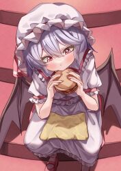 Rule 34 | 1girl, bat wings, burger, eating, eyebrows hidden by hair, food, foot out of frame, frilled shirt collar, frills, from above, grey hair, hair between eyes, hat, highres, holding, holding food, long skirt, looking down, mahoro (minase mahoro), mary janes, mob cap, petticoat, pink eyes, remilia scarlet, shirt, shoes, short hair, sitting, sitting on stairs, skirt, skirt set, solo, stairs, touhou, white shirt, white skirt, wings