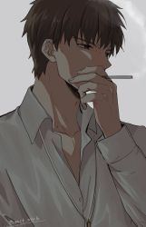 Rule 34 | 1boy, black eyes, cigarette, collarbone, collared shirt, covered mouth, fate (series), grey hair, hand on own face, highres, holding, kotomine kirei, long sleeves, male focus, mature male, mct, shirt, short hair, smoking, white shirt