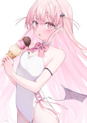 Rule 34 | 1girl, absurdres, arm strap, bare shoulders, bow, breasts, choker, cleavage, collar, commentary, cowboy shot, food, hair ornament, hairclip, highres, holding, holding food, holding ice cream, ice cream, koyubita, leotard, long hair, looking at viewer, o-ring, o-ring choker, open mouth, original, pink bow, pink eyes, pink hair, pink ribbon, ribbon, simple background, sleeveless, small breasts, solo, standing, strapless, strapless leotard, sweat, symbol-only commentary, very long hair, white background, white choker, white leotard