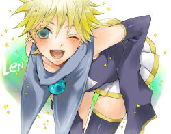 Rule 34 | 1boy, aqua eyes, blonde hair, blue eyes, colorized, crossdressing, detached sleeves, hakuseki, highres, kagamine len, kagamine len no bousou (vocaloid), male focus, manao, one-piece swimsuit, one eye closed, open mouth, school swimsuit, short hair, skirt, smile, solo, swimsuit, swimsuit costume, thighhighs, trap, vocaloid, wink