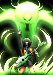 Rule 34 | 1boy, afro, arm up, artist name, ascot, black hair, blue ascot, brook (one piece), commentary request, darkvictor56, electric guitar, ghost, guitar, highres, holding, holding guitar, holding instrument, index finger raised, instrument, looking at viewer, male focus, one piece, open mouth, skeleton, solo, spanish commentary, standing