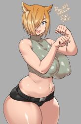 Rule 34 | 1girl, agawa ryou, animal ears, artist name, bare shoulders, belt, belt buckle, black belt, black shorts, blonde hair, bob cut, breasts, buckle, cat ears, cleavage, closed mouth, commentary, covered erect nipples, cowboy shot, crop top, dated, english commentary, green eyes, green shirt, grey background, groin, hair over one eye, hands up, huge breasts, large areolae, looking at viewer, navel, no bra, numbered, original, puffy nipples, shirt, short hair, short shorts, shorts, simple background, sleeveless, solo, thick thighs, thighs, tongue, tongue out, turtleneck