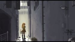 Rule 34 | 1girl, alley, arthropod girl, arthropod limbs, blonde hair, blurry, boots, depth of field, female focus, full body, hood, hoodie, insect girl, lansane, letterboxed, original, outdoors, personification, ponytail, signature, skirt, solo, spider girl, standing