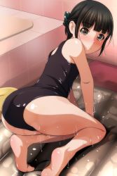 Rule 34 | 1girl, absurdres, all fours, ass, barefoot, bathroom, bathtub, black eyes, black hair, black one-piece swimsuit, blunt bangs, blush, closed mouth, hair ornament, highres, inflatable raft, looking at viewer, looking back, matsunaga kouyou, one-piece swimsuit, original, school swimsuit, short hair, sidelocks, soles, solo, swimsuit, thighs, tile wall, tiles, wet