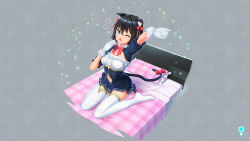 Rule 34 | 1girl, bed, bed sheet, breasts, cat girl, dmm, gloves, large breasts, ribbon, shangri-la drive