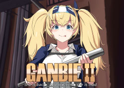 Rule 34 | 1girl, bad id, bad pixiv id, baseball bat, blonde hair, blue eyes, blue jacket, blush, breasts, cropped jacket, english text, female focus, gambier bay (kancolle), gambier bay mk ii (kancolle), gandhi, hairband, highres, holding, holding baseball bat, jacket, kantai collection, kokenashi, large breasts, long hair, looking at viewer, multicolored hairband, parody, short sleeves, smile, solo, standing, tareme, tongue, tongue out, twintails, uhf, upper body, weird al yankovic