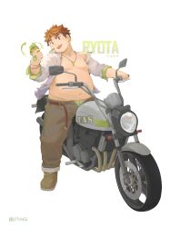 Rule 34 | 1boy, absurdres, bara, bare pectorals, belly, belt, big belly, blush, bracelet, brown eyes, brown hair, brown pants, chalice, character name, cup, earrings, fat, fat man, full body, green footwear, hand on handle, hand tattoo, highres, holding, holding cup, jewelry, looking at viewer, loose belt, male focus, male underwear, male underwear peek, motor vehicle, motorcycle, navel, necklace, nipples, on motorcycle, open fly, pants, pectorals, riding, seamonsterping, shirt, shoes, short hair, solo, striped male underwear, tattoo, thick eyebrows, tokyo houkago summoners, tongue, tongue out, unbuttoned, unbuttoned shirt, underwear, white background, white shirt, yakushimaru ryota