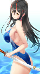 Rule 34 | 1girl, ass, azur lane, black hair, blue one-piece swimsuit, breasts, commentary request, competition swimsuit, cowboy shot, gradient background, horns, ishizu kayu, katana, large breasts, long hair, one-piece swimsuit, oni horns, sideboob, solo, suzuya (azur lane), swimsuit, sword, water, weapon, yellow eyes