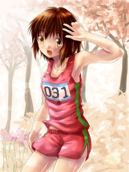 Rule 34 | 1girl, brown hair, clothes writing, dozepara, highres, original, runner, shorts, simple background, solo, sportswear, yellow eyes