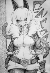 Rule 34 | absurdres, animal ears, belt, cat, cat ears, cat girl, cat tail, chronozbergh, greyscale, highres, jacket, looking at viewer, monochrome, ms. fortune (skullgirls), official alternate costume, skullgirls, smile, sweater, tail, traditional media, turtleneck, turtleneck sweater