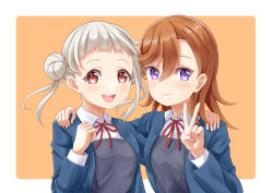 Rule 34 | 2girls, absurdres, arashi chisato, artist name, artist request, blue cardigan, blue jacket, blush, border, bow, bowtie, breasts, buttons, cardigan, clenched hand, collared shirt, cropped jacket, double bun, dress, dress shirt, female focus, floating hair, grey shirt, hair bun, hair tie, hand on another&#039;s shoulder, highres, jacket, long hair, long sleeves, looking at viewer, love live!, love live! superstar!!, multiple girls, neck ribbon, orange background, orange hair, parted lips, purple eyes, red bow, red eyes, red ribbon, ribbon, school uniform, shibuya kanon, shirt, small breasts, smile, twintails, upper body, v, wavy hair, white border, white hair, white shirt, wing collar, yuigaoka school uniform