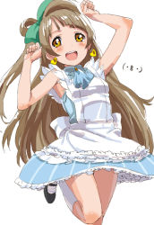Rule 34 | 10s, 1girl, :d, arms up, blush, bow, brown eyes, brown hair, dress, dressing, earrings, hair bow, jewelry, jumping, korekara no someday, long hair, looking at viewer, love live!, love live! school idol project, minami kotori, open mouth, side ponytail, smile, solo, tetsujin momoko