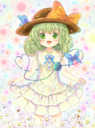 Rule 34 | 1girl, alternate costume, bug, butterfly, clothes lift, daiso, flower, green eyes, green hair, hat, insect, komeiji koishi, matching hair/eyes, open mouth, skirt, skirt lift, smile, solo, third eye, touhou