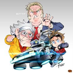 Rule 34 | 3boys, adjusting eyewear, back to the future, biff tannen, blonde hair, book, brown hair, car, caricature, clock, commentary, delorean, denim, donald trump, dress shirt, emmett brown, eyewear on head, formal, frown, glasses, gradient background, gullwing doors, highres, jacket, jeans, lens flare, long sleeves, male focus, marty mcfly, motor vehicle, multiple boys, necktie, ok sign, pants, parody, red necktie, shirt, short hair, sideburns, signature, sleeves rolled up, smile, spiked hair, suit, sunglasses, takei hiroyuki, teeth, time machine, tire, vehicle focus, vest, watch, white hair, wristwatch