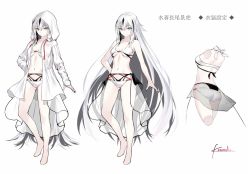 Rule 34 | 1girl, alternate costume, artist name, bikini, black hair, breasts, character sheet, closed mouth, collarbone, commentary request, fate/grand order, fate (series), full body, green eyes, hood, hoodie, koha-ace, kousaki rui, long hair, looking at viewer, medium breasts, multicolored hair, multiple views, nagao kagetora (fate), navel, pale skin, signature, simple background, smile, standing, stomach, streaked hair, swimsuit, very long hair, white background, white bikini, white hair, white hoodie