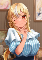 Rule 34 | 1girl, absurdres, alternate costume, blonde hair, blurry, blurry background, breasts, closed mouth, collarbone, dark-skinned female, dark skin, dress, hair between eyes, hand on own chin, highres, hololive, indoors, large breasts, light blush, long hair, looking at viewer, multicolored hair, one eye closed, orange eyes, pinstripe dress, pinstripe pattern, pointy ears, puffy cheeks, shiranui flare, short sleeves, smile, solo, streaked hair, striped, upper body, virtual youtuber, white hair, yudame
