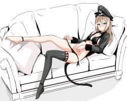 Rule 34 | 1girl, animal ears, barefoot, bikini, bikini pull, black bikini, black thighhighs, blonde hair, blush, breasts, cat ears, cat tail, cleavage, clothes pull, colored eyelashes, couch, cropped jacket, cross, gonzui (hojo), green eyes, groin, hat, heinrike prinzessin zu sayn-wittgenstein, iron cross, long hair, long sleeves, lying, navel, no shoes, non-web source, on back, peaked cap, single thighhigh, solo, source request, strike witches, swimsuit, tail, thighhighs, world witches series