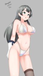 Rule 34 | 1girl, agano (kancolle), bikini, black hair, breasts, brown thighhighs, cowboy shot, dated, grey background, highleg, highleg bikini, highleg swimsuit, highres, kantai collection, large breasts, long hair, maru (marg0613), one-hour drawing challenge, red eyes, simple background, single thighhigh, solo, standing, swimsuit, thighhighs, twitter username, white bikini