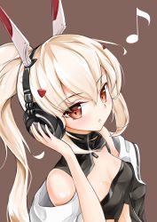 Rule 34 | 1girl, absurdres, adjusting headphones, ayanami (azur lane), ayanami (rock &#039;n&#039; demon) (azur lane), azur lane, breasts, brown eyes, cleavage, commentary request, from above, headphones, highres, limitlimlim, long hair, looking at viewer, looking up, musical note, parted lips, ponytail, silver hair, simple background, solo