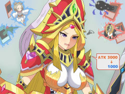 Rule 34 | 2girls, absurdres, anger vein, animal ears, arcana triumph joker, armor, armored dress, ash blossom &amp; joyous spring, bangs pinned back, barefoot, blonde hair, blush, breasts, brown eyes, brown hair, called by the grave, card, commentary request, disembodied limb, dog ears, dress, duel monster, full body, gameplay mechanics, gauntlets, glowing, glowing eyes, grey background, hair ornament, heart, heart hair ornament, helmet, highres, holding, holding shield, holding sword, holding weapon, impossible clothes, impossible dress, japanese clothes, kimono, large breasts, left-handed, leto mume, long hair, long sleeves, looking to the side, maxx c, multiple girls, open mouth, parted bangs, pointing, psy-framegear gamma, purple eyes, queen&#039;s knight, red armor, red headwear, ribbon, shield, short hair, short kimono, shoulder armor, sidelocks, signature, simple background, sleeves past wrists, solo focus, squiggle, standing, sweat, sword, trading card, twitter username, upper body, visor (armor), weapon, white dress, white kimono, yu-gi-oh!, yu-gi-oh! master duel