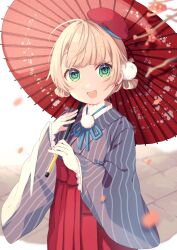 Rule 34 | 1girl, :d, alternate costume, beret, blonde hair, blue ribbon, blunt bangs, commentary request, dot nose, earrings, eyelashes, falling petals, flat chest, flower, flower earrings, green eyes, hair ornament, hair rings, hakama, hat, high-waist skirt, highres, holding, holding umbrella, indie virtual youtuber, japanese clothes, jewelry, kosode, lace, lace-trimmed shirt, lace-trimmed sleeves, lace trim, looking at viewer, mini hat, neck ribbon, nobori yuzu, oil-paper umbrella, open mouth, petals, pinky out, pom pom (clothes), pom pom hair ornament, red flower, red hakama, red hat, red umbrella, ribbon, shigure ui (vtuber), shirt, short hair, skirt, smile, solo, swept bangs, tile floor, tiles, umbrella, underbust, virtual youtuber, wind