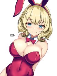Rule 34 | 1girl, animal ears, bare shoulders, blonde hair, blue eyes, blush, bow, bowtie, braid, breasts, cleavage, colorado (kancolle), covered navel, dated, detached collar, fake animal ears, highres, kantai collection, large breasts, leotard, looking at viewer, montemasa, playboy bunny, rabbit ears, red leotard, short hair, side braids, simple background, smile, solo, strapless, strapless leotard, traditional bowtie, twitter username, upper body, white background, wrist cuffs
