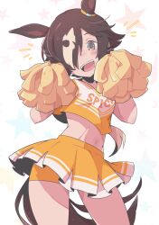 Rule 34 | 1girl, :d, absurdres, animal ears, blush, brown eyes, brown hair, cheerleader, commentary request, crop top, ear ornament, hair over one eye, head tilt, highres, holding, holding pom poms, horse ears, horse girl, horse tail, long hair, looking at viewer, maru (hachi 47923), midriff, multicolored hair, navel, notice lines, open mouth, pleated skirt, pom pom (cheerleading), pom poms, shirt, short shorts, shorts, simple background, skirt, sleeveless, sleeveless shirt, smile, solo, star (symbol), starry background, streaked hair, tail, umamusume, very long hair, vodka (umamusume), white background, white hair, yellow shorts, yellow skirt