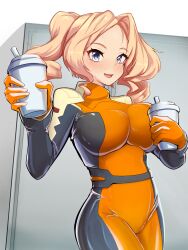 Rule 34 | 1girl, blonde hair, blue eyes, bodysuit, breasts, cosplay, drill hair, gloves, gundam, gundam seed, highres, honolulu (kancolle), impossible clothes, kantai collection, large breasts, long hair, orange bodysuit, orange gloves, pilot suit, red eyes, solo, timosan, twin drills, twintails