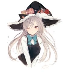 Rule 34 | 1girl, arched back, bad id, bad pixiv id, brown eyes, collared shirt, cropped torso, flower, frilled hat, frills, grey hair, hat, head wreath, long hair, looking at viewer, lpip, one eye closed, original, parted lips, shirt, simple background, solo, upper body, v arms, vest, white background, white shirt, witch hat