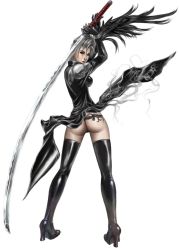 Rule 34 | 1girl, ass, black panties, black thighhighs, boots, cosplay, final fantasy, final fantasy vii, final fantasy x, final fantasy x-2, high heel boots, high heels, highres, katana, minh do, no panties, ootachi, paine, paine (ff10), panties, sephiroth, sephiroth (cosplay), shiny clothes, solo, square enix, sword, tattoo, thigh boots, thighhighs, thong, underwear, weapon
