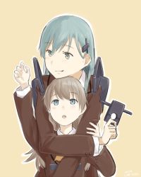 Rule 34 | 10s, 2girls, blue eyes, blue hair, brown hair, green eyes, grey hair, head on head, hug, hug from behind, kantai collection, kawashina (momen silicon), kumano (kancolle), long hair, multiple girls, open mouth, outstretched hand, personification, raised eyebrow, smile, suzuya (kancolle), uniform, yellow background