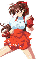 Rule 34 | 1girl, anna miller, blush, bow, brown hair, clenched hand, closed mouth, cowboy shot, fingerless gloves, gloves, highres, kuroi ohagi, long hair, looking at viewer, orange bow, orange skirt, ponytail, puffy sleeves, red eyes, red gloves, shiny skin, skirt, smile, solo, takeuchi yuka, variable geo, waitress, white background