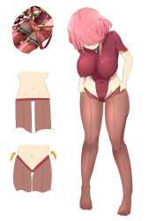 Rule 34 | 1girl, breasts, cameltoe, chest jewel, full body, gluteal fold, head down, highleg, highleg leotard, highres, leotard, multiple views, nintendo, no shoes, pantyhose, pantyhose under shorts, pink hair, pyra (xenoblade), short hair, short shorts, shorts, simple background, standing, super smash bros., tavn, thigh gap, xenoblade chronicles (series), xenoblade chronicles 2
