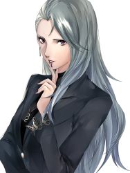 Rule 34 | 1girl, bad id, bad twitter id, black nails, blazer, brown eyes, commentary request, earrings, finger to mouth, grey blazer, hair behind ear, highres, jacket, jewelry, long hair, nail polish, niijima sae, parted lips, persona, persona 5, pertex 777, silver hair, solo, turtleneck, white background