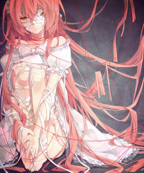 Rule 34 | 1girl, absurdres, bandages, bandaid, bare shoulders, barefoot, bow, collarbone, concrete, dress, expressionless, frilled dress, frills, hair flowing over, hair spread out, highres, interlocked fingers, hugging own legs, long hair, looking at viewer, makkamatsuri, original, puffy short sleeves, puffy sleeves, red hair, short sleeves, sitting, solo, string, string of fate, very long hair, white dress, yellow eyes