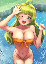 Rule 34 | 1girl, ahoge, arm up, bare shoulders, bikini, blue eyes, blunt bangs, breasts, c (theta), cleavage, commentary, cowboy shot, dot nose, grass, green hair, hairband, hand up, highres, idolmaster, idolmaster million live!, large breasts, leaning forward, long hair, looking at viewer, navel, open mouth, orange bikini, round teeth, shimabara elena, smile, solo, swimsuit, teeth, thigh gap, thighs, upper teeth only, water, wet