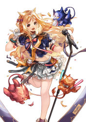 Rule 34 | &gt; &lt;, 1girl, :d, absurdres, animal ears, archetto (arknights), archetto (publicity strategy) (arknights), arknights, blonde hair, blue eyes, blue jacket, boots, bow, breasts, closed eyes, confetti, fang, feet out of frame, fingerless gloves, gloves, glowstick, hands up, heterochromia, highres, holding, holding microphone, jacket, layered skirt, long hair, m/, medium breasts, microphone, microphone stand, open mouth, pleated skirt, puffy short sleeves, puffy sleeves, purple socks, red bow, red eyes, sanktkaisersavia, short sleeves, simple background, skirt, smile, socks, solo, standing, standing on one leg, very long hair, white background, white footwear, white gloves, white skirt