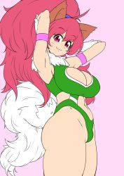 Rule 34 | 1girl, animal ears, bare legs, bare shoulders, breasts, cat ears, cat girl, cleavage, cleavage cutout, clothing cutout, curvy, female focus, happy, heart cutout, highleg, highleg leotard, highres, large breasts, leotard, long hair, looking at viewer, paw print, perisie (star ocean), pink hair, ponytail, ryoi, simple background, smile, solo, standing, star ocean, star ocean first departure, tail, thick thighs, thighs, thong leotard, v, very long hair