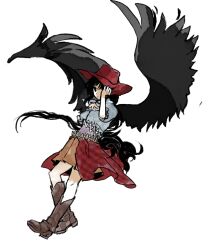 Rule 34 | 1girl, bird tail, black eyes, black hair, black wings, boots, brown footwear, brown skirt, closed mouth, commentary request, feathered wings, flat chest, frilled sleeves, frills, full body, hat, highres, kaigen 1025, kurokoma saki, multicolored shirt, pleated skirt, puffy short sleeves, puffy sleeves, short sleeves, simple background, skirt, tail, touhou, white background, wings