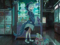 Rule 34 | 1girl, animal hood, animal hoodie, ankle socks, anzi, bag, blue eyes, blue hair, blue hoodie, blue socks, blush, boots, closed mouth, commentary request, crane game, drawstring, fake tail, fins, fish tail, from side, frown, full body, gashapon, gashapon machine, gawr gura, highres, holding, holding stuffed animal, holding stuffed toy, hololive, hololive english, hood, hood up, hoodie, indoors, long sleeves, looking at viewer, looking to the side, multicolored clothes, multicolored hair, multicolored hoodie, no pants, reflection, ribbed legwear, shark hood, shark hoodie, shark tail, shoes, shopping bag, sneakers, socks, solo, standing, streaked hair, stuffed animal, stuffed shark, stuffed toy, tail, tile floor, tiles, vending machine, virtual youtuber, white footwear, white hair