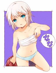 Rule 34 | 10s, 1girl, adjusting clothes, aqua eyes, black socks, blue panties, collarbone, commentary request, highres, holding, holding clothes, looking at viewer, namori, official art, outside border, panties, parted lips, purple background, release the spyce, sarashi, short hair, silver hair, socks, solo, speech bubble, theresia ray, translation request, underwear, undressing, v-shaped eyebrows, white panties