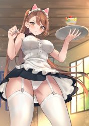 Rule 34 | 1girl, absurdres, alternate costume, animal ears, apron, asymmetrical bangs, bare shoulders, beatrix (granblue fantasy), black skirt, blush, breasts, brown eyes, brown hair, cat ears, center frills, choker, enmaided, frills, garter straps, granblue fantasy, highres, large breasts, long hair, looking at viewer, maid, maid headdress, panties, parfait, parted lips, ponytail, renzu (lens 02), skirt, solo, swept bangs, thighhighs, thighs, tray, underwear, upskirt, waist apron, white apron, white panties, white thighhighs, window